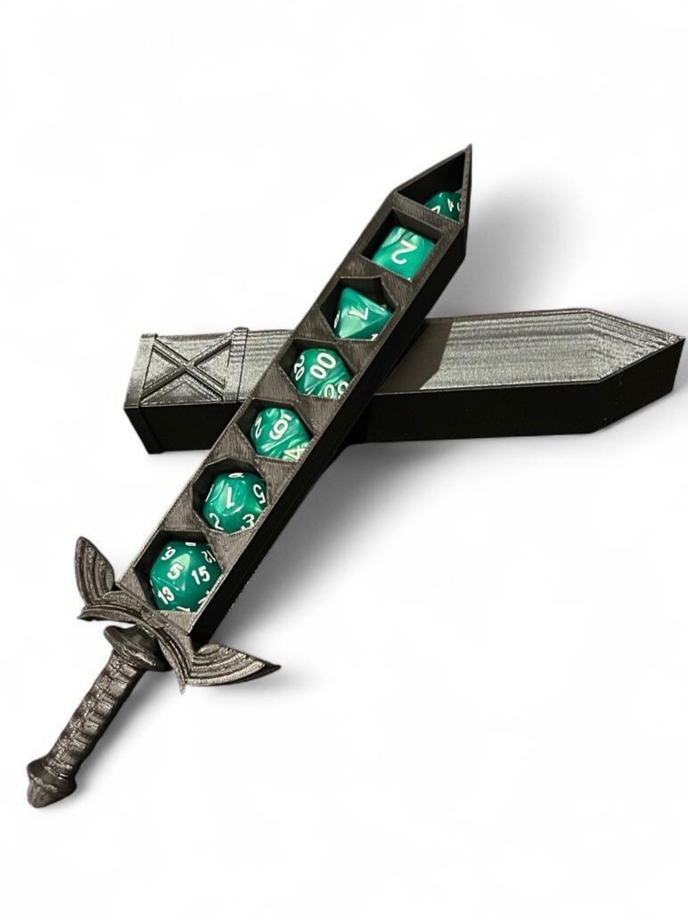 3D Printed Master Sword Dice  + Green Polyhedral Dice Set
